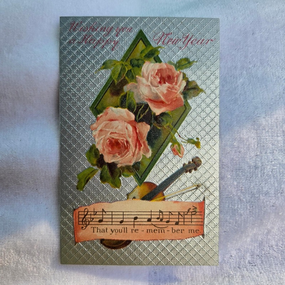 Antique 1909 New Year Postcard Roses Violin Music International Art Publ Co.